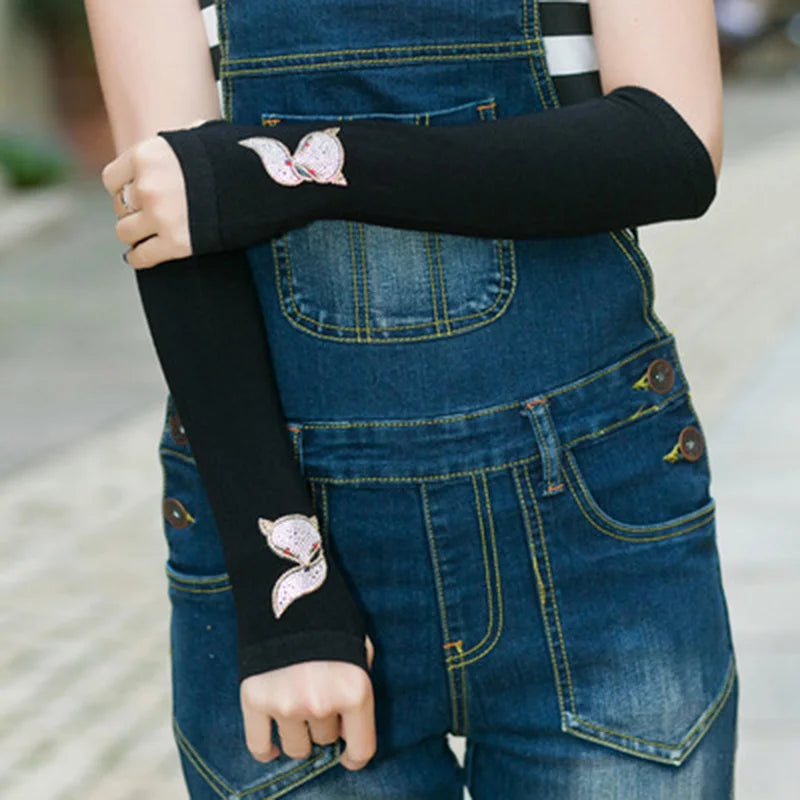 Female Cute Winter Warm Long Knit Fingerless Dance Sleeves Women Cool Cartoon Owl Rabbit Diamonds Rivet Sequins Cuff Gloves A40