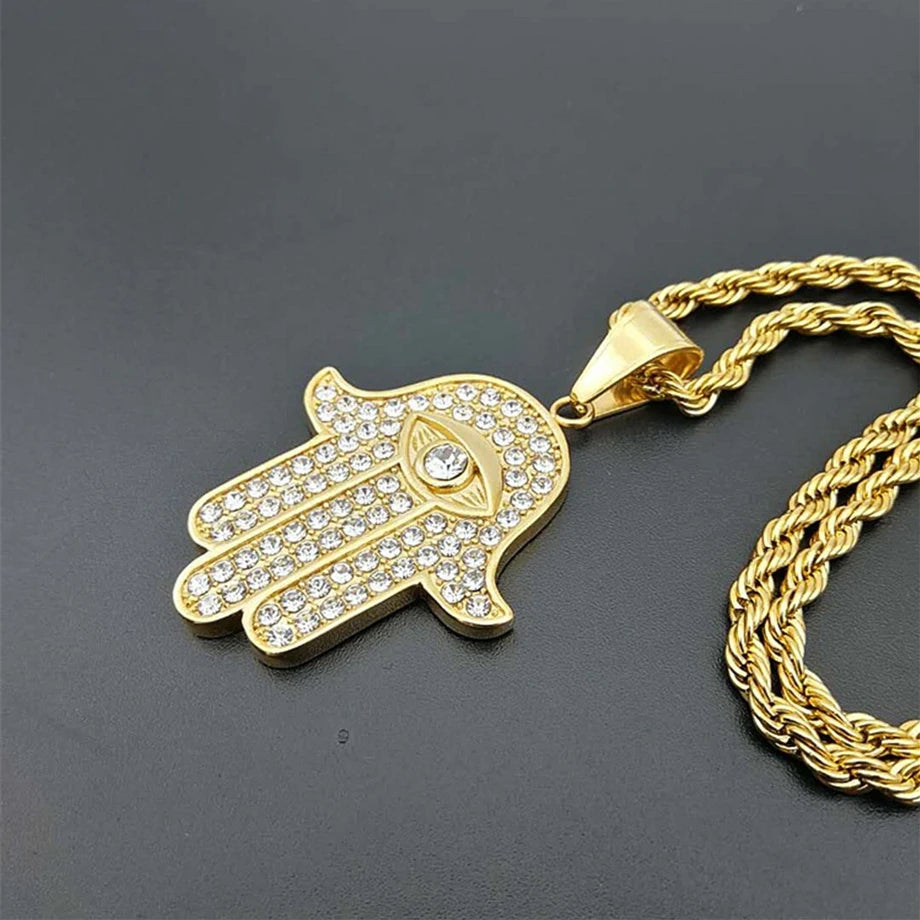 Hamsa Hand of Fatima Necklace Pendant & Chain For Men Women's Gold Color Stainless Steel Palm Necklaces Turkish Jewelry Gift