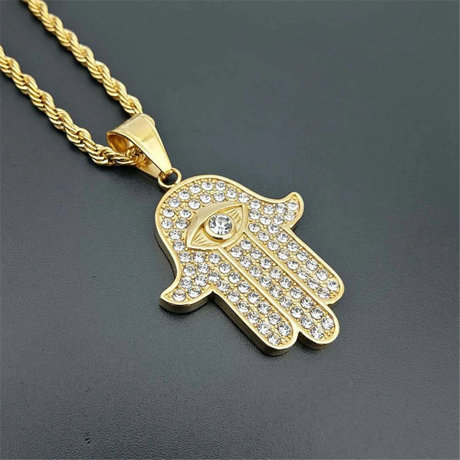 Hamsa Hand of Fatima Necklace Pendant & Chain For Men Women's Gold Color Stainless Steel Palm Necklaces Turkish Jewelry Gift