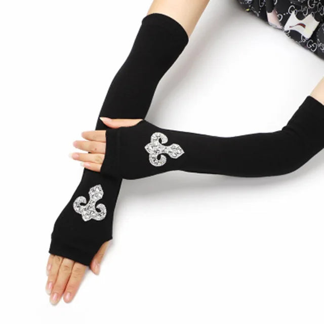 Female Cute Winter Warm Long Knit Fingerless Dance Sleeves Women Cool Cartoon Owl Rabbit Diamonds Rivet Sequins Cuff Gloves A40