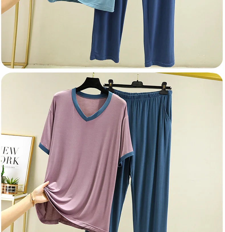 Pyjama Pour Femme New Short Sleeve Trousers 2 Piece Suit Modal Sleepwear Pajamas Set V Neck Plus Size Night Pijamas Women 6XL