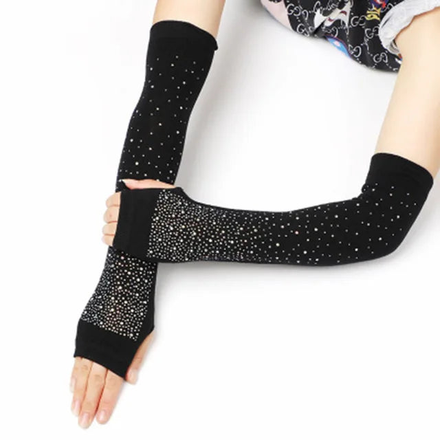 Female Cute Winter Warm Long Knit Fingerless Dance Sleeves Women Cool Cartoon Owl Rabbit Diamonds Rivet Sequins Cuff Gloves A40