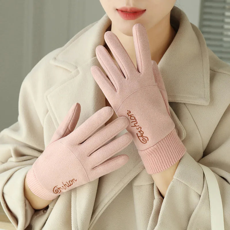 Women Winter Keep Warm Touch Screen Thin Fleece Fashion Letter Embroidery Outdoor Drive Cycling Windproof Not Bloated Gloves