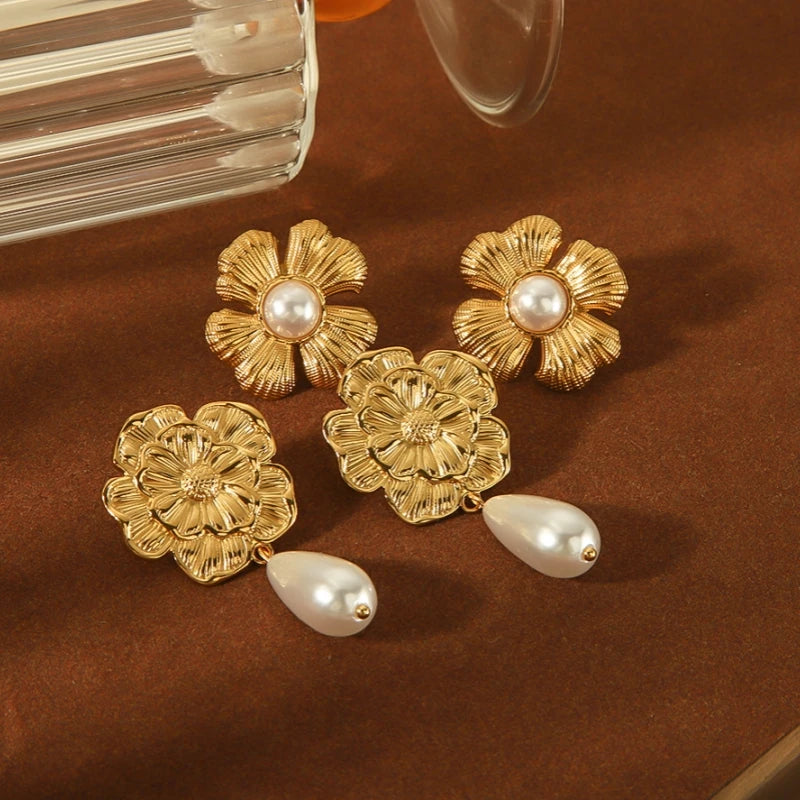 Ins Style Pearl Flower Earrings for Women Titanium Steel Non-fading Korean High Touch Stainless Steel Stud Earrings