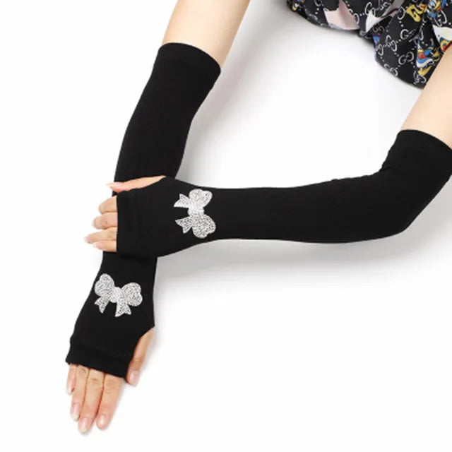 Female Cute Winter Warm Long Knit Fingerless Dance Sleeves Women Cool Cartoon Owl Rabbit Diamonds Rivet Sequins Cuff Gloves A40