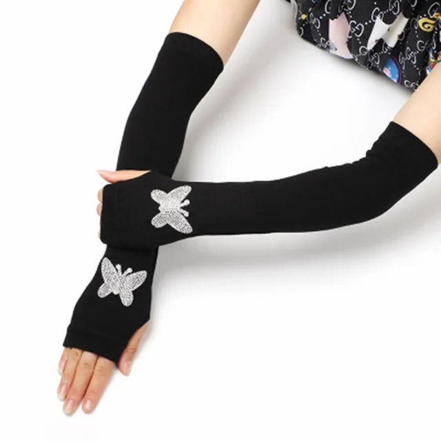Female Cute Winter Warm Long Knit Fingerless Dance Sleeves Women Cool Cartoon Owl Rabbit Diamonds Rivet Sequins Cuff Gloves A40
