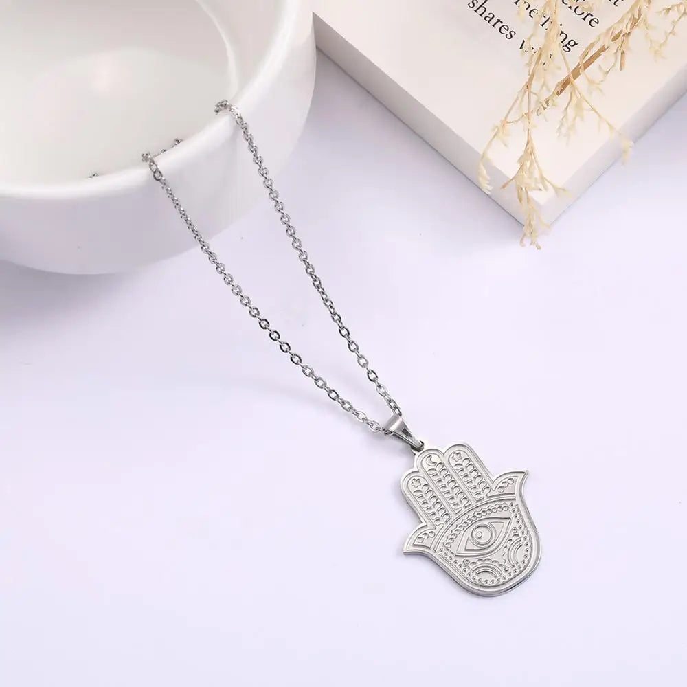 LIKGREAT Hand of Fatima Hamsa Pendant Necklace for Women Stainless Steel Classic Evil Eye Charms Choker Jewelry Gifts