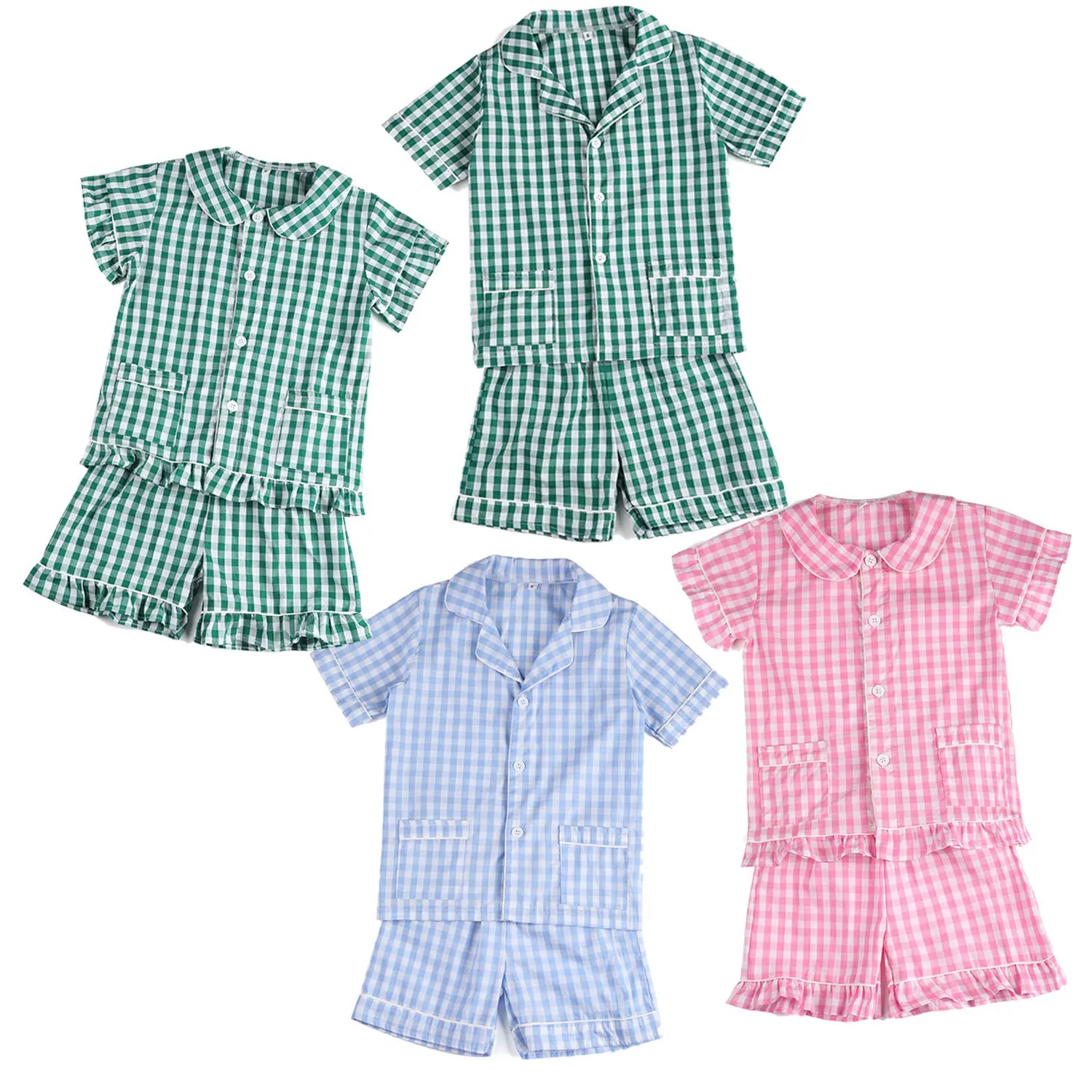 Wholesale 1-12 Years Kids Pyjamas 100% Cotton Plaid Seersucker Soft Sibling Outfits Pjs Loungewear Baby Boys Girls Pajamas Sets
