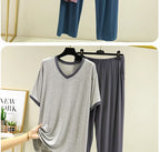 Pyjama Pour Femme New Short Sleeve Trousers 2 Piece Suit Modal Sleepwear Pajamas Set V Neck Plus Size Night Pijamas Women 6XL