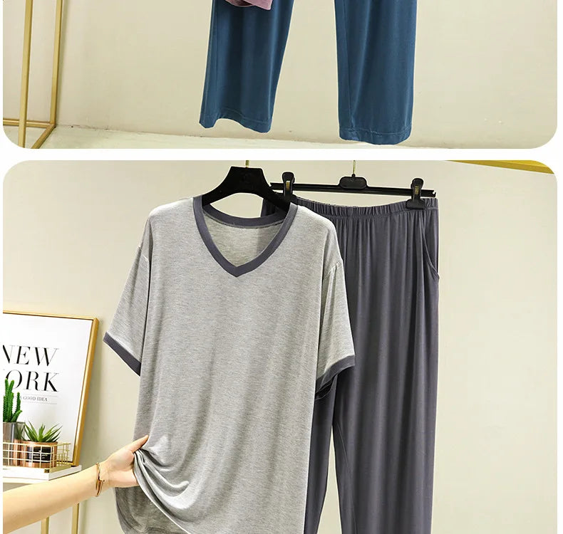 Pyjama Pour Femme New Short Sleeve Trousers 2 Piece Suit Modal Sleepwear Pajamas Set V Neck Plus Size Night Pijamas Women 6XL