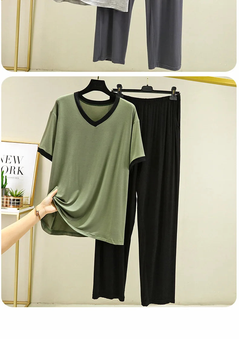 Pyjama Pour Femme New Short Sleeve Trousers 2 Piece Suit Modal Sleepwear Pajamas Set V Neck Plus Size Night Pijamas Women 6XL