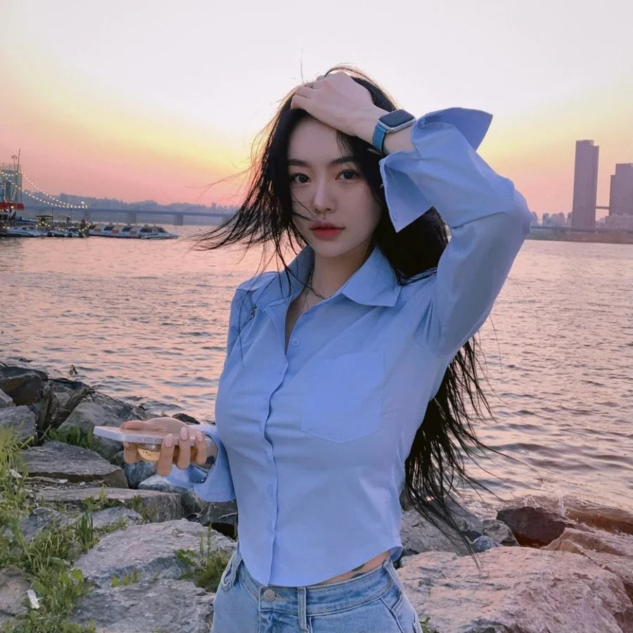 Blouse Woman New Collection 2025 Silk Korean Style Black Sexy Blue Satin Shirt for Women White Crop Top Long Sleeve Chiffon Hot