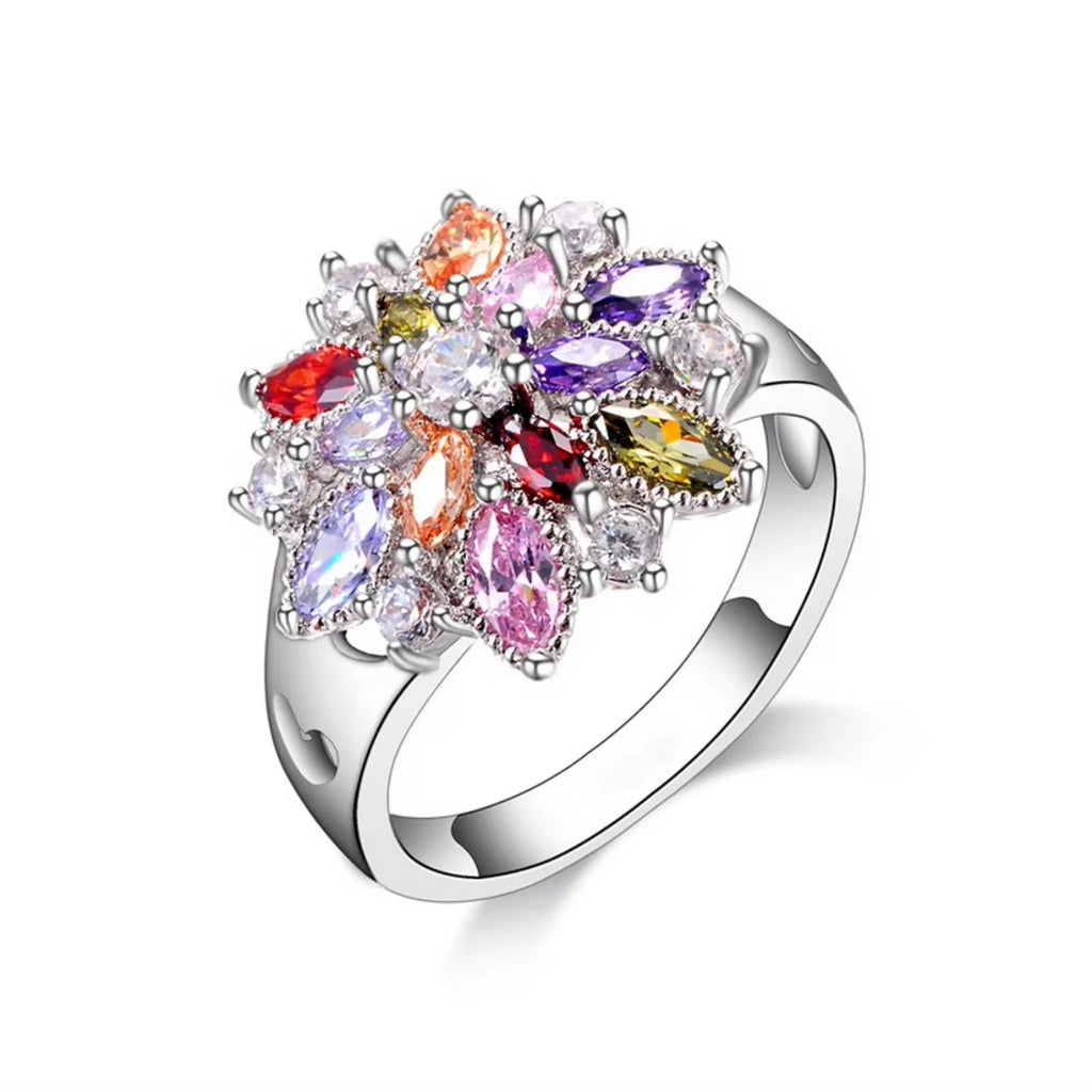 Ring Fashion  Jewelry Colourful Cubic Zirconia Flower Design Cute Style Women Girls Party Engagement