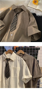 Short-sleeved Work Shirt Men's Summer Tie Handsome High-end Fashion Brand Trendy Couple College Style