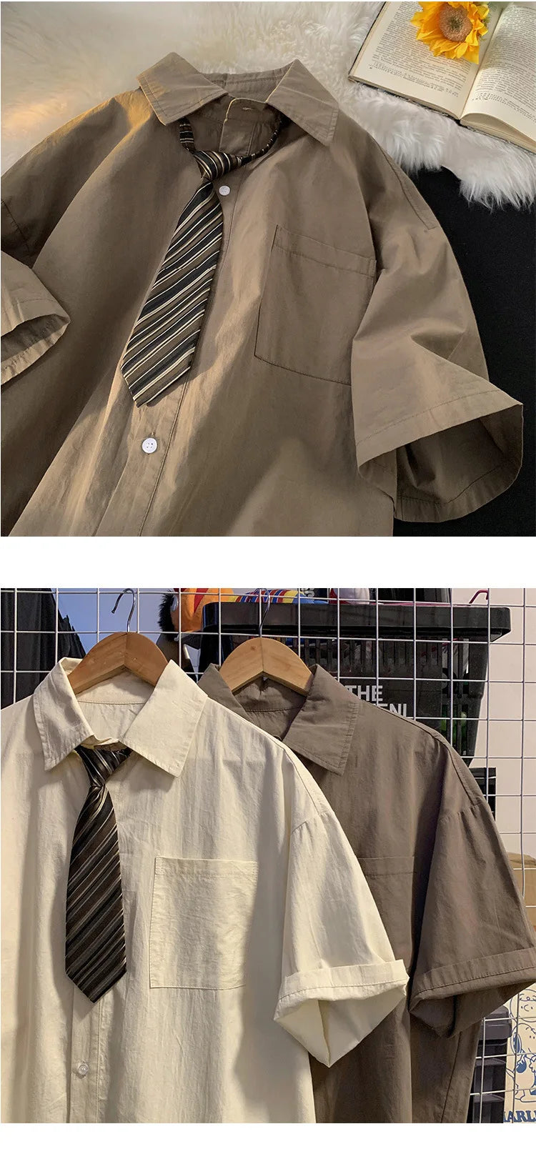 Short-sleeved Work Shirt Men's Summer Tie Handsome High-end Fashion Brand Trendy Couple College Style