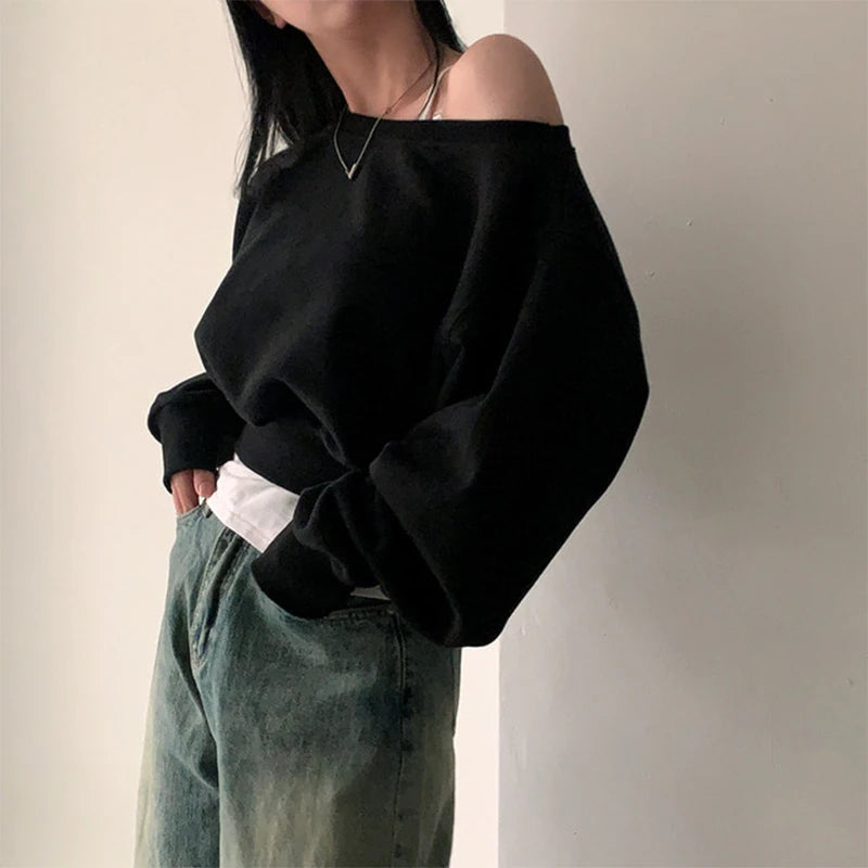 Korean Streetwear Off-shoulder Long Sleeve Loose Casual Cropped Sweatshirt For Women