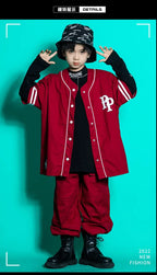 Kids Teenage Streetwear Hip Hop Clothing Red Shirt Tops Casual Cargo Jogger Pants For Girl Boy Jazz Dance Costume Rave Clothes