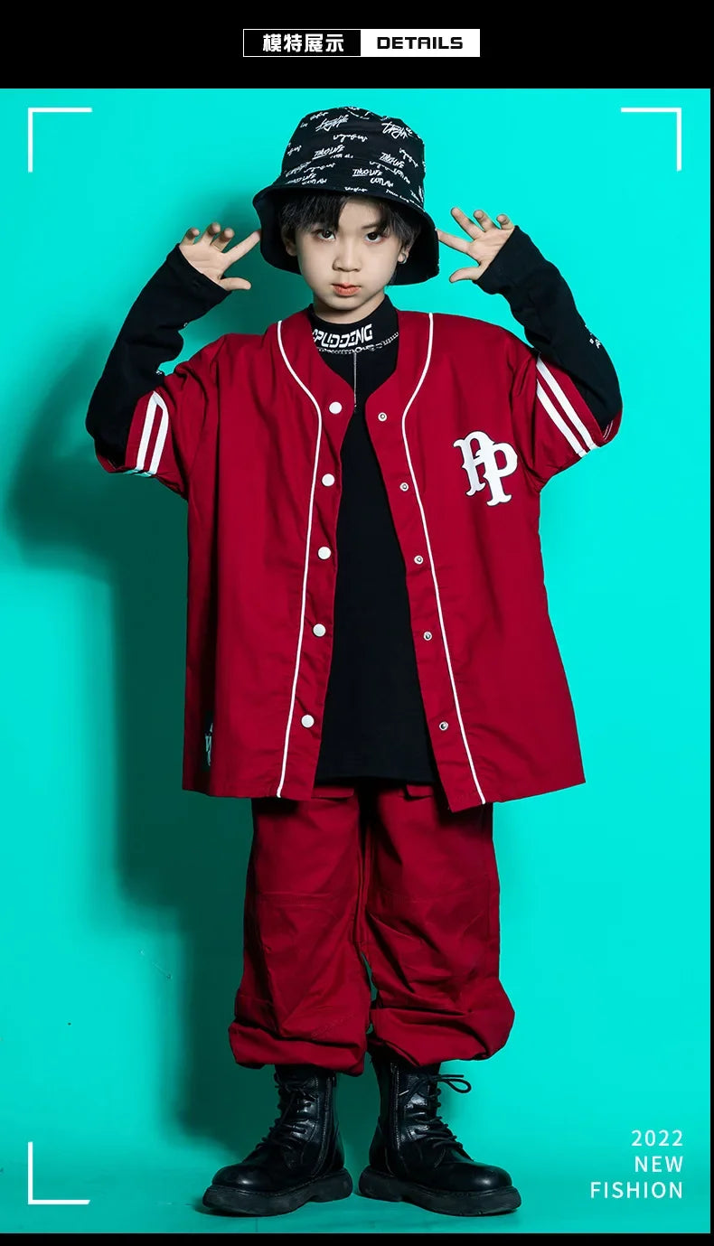 Kids Teenage Streetwear Hip Hop Clothing Red Shirt Tops Casual Cargo Jogger Pants For Girl Boy Jazz Dance Costume Rave Clothes
