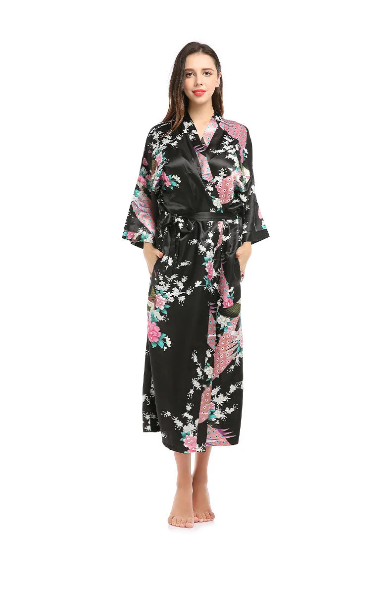 Women Long Robe Kimono Bathrobe Gown with Pockets Sexy Wedding Bride Bridesmaid Dressing Gown Oversize Satin Homewear Loungewear