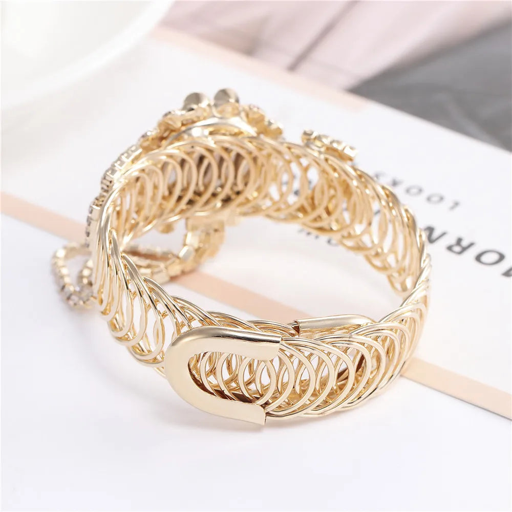 Trendy Leisure Women’s Watch Chic Gold Hollow Design Quartz Watch Stylish Red White Rhinestone Bangle Wristwatch