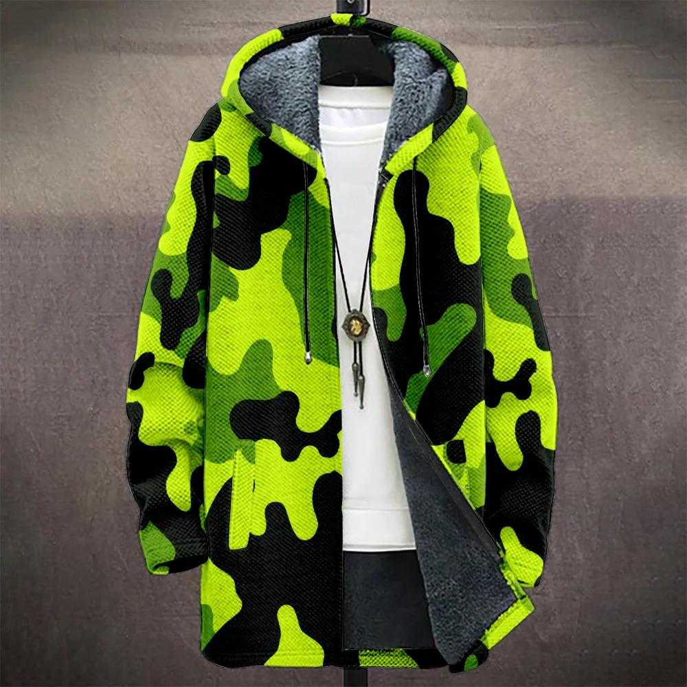 Men's Camouflage Hooded Coat with Fleece Lining Cold Weather Warm Jacket for Autumn Winter Outdoor Streetwear Fashion Trend