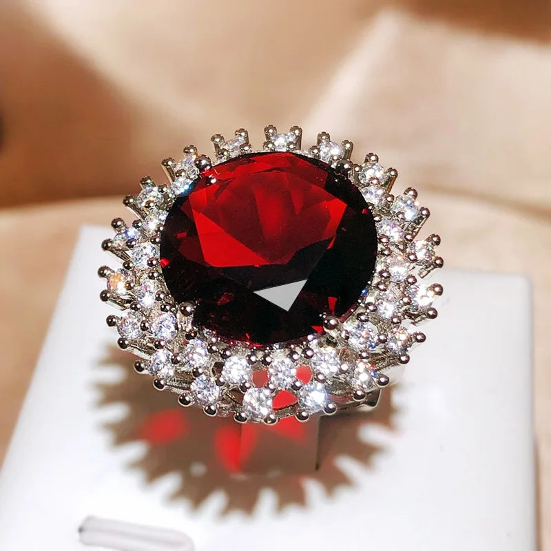 Red Round Gemstone Stone Ring For Women Elegant Engagement Wedding Ring Sterling Silver Color Austrian Crystals Fashion Jewelry