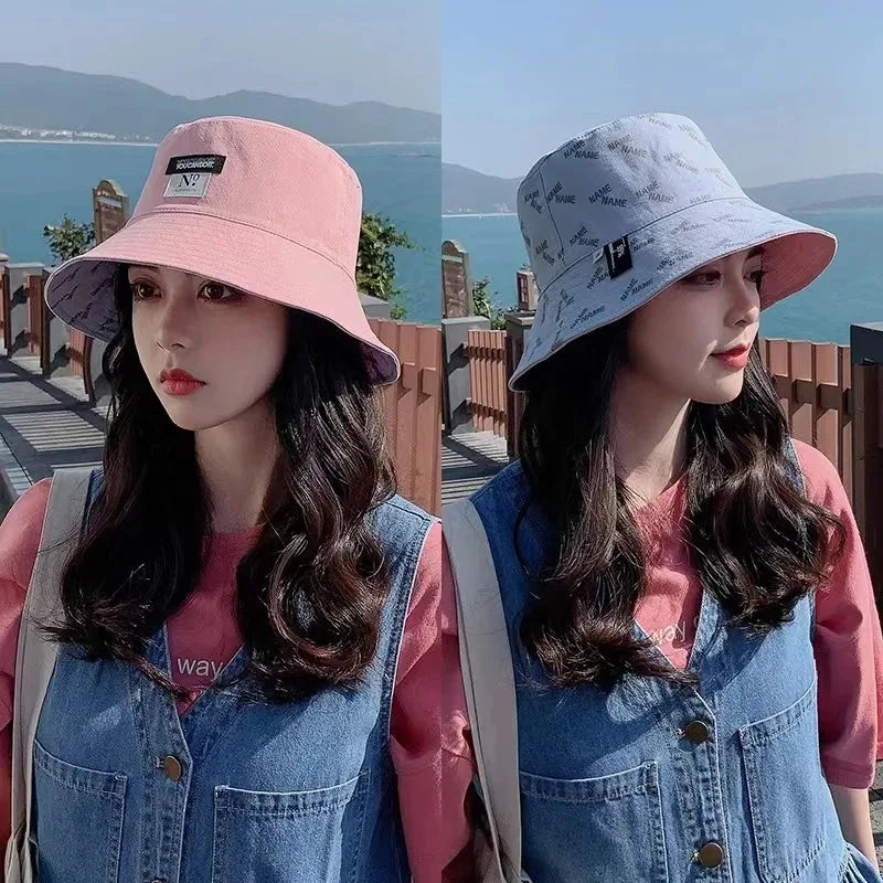 Double-sided Wear Women Bucket Hat Korean Fashion Letter Print Fisherman Hats For Girl Summer Outdoor Beach Basin Cap