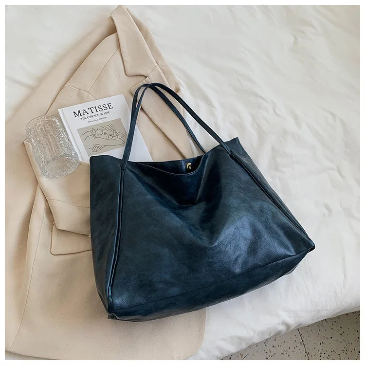 Tote Women's Bag Korean Style Large Capacity Soft Leather Shoulder Bag Retro Casual Hand-held Bucket Bag 2025 Одноплечевая сумка