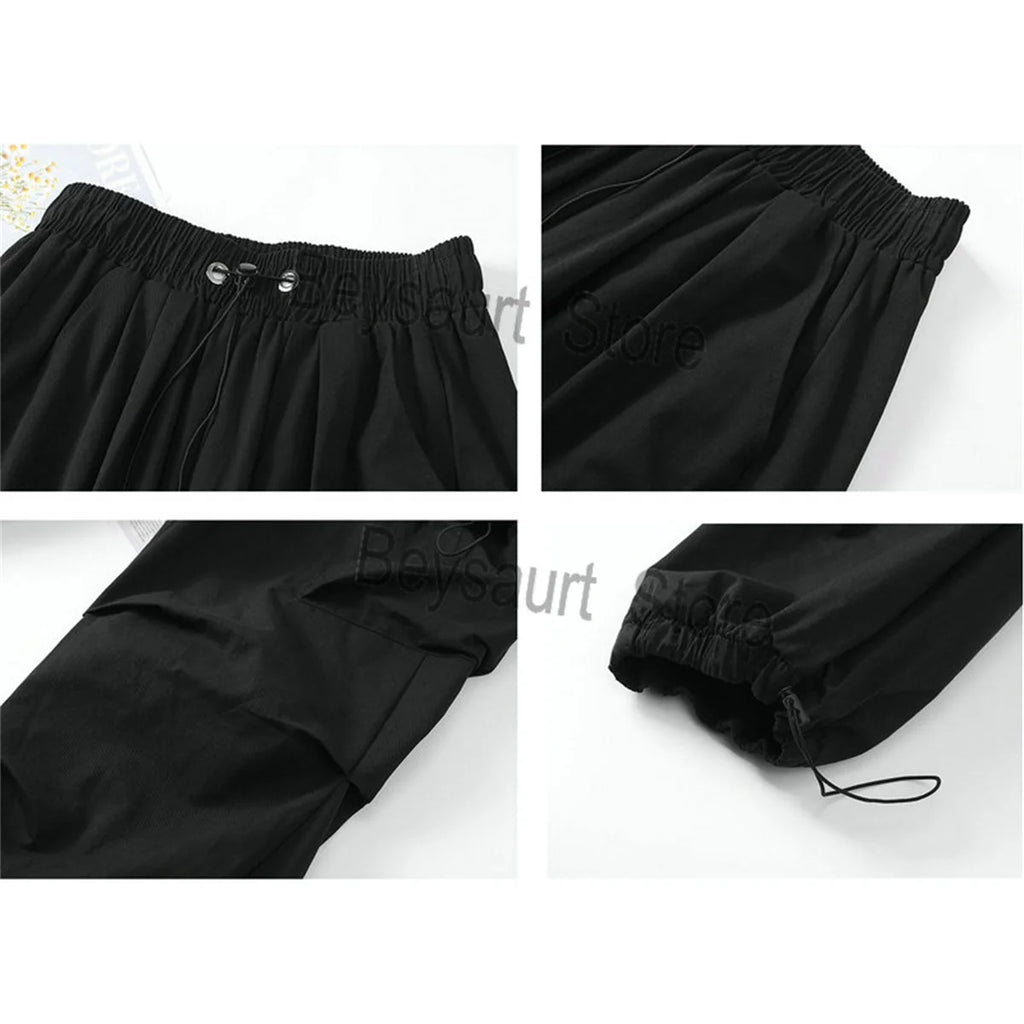 Streetwear 2024 Spring Harem Casual Pants Men Elastic Waist Solid Color Cargo Pants Multi Pocket Loose Baggy Pants For Women