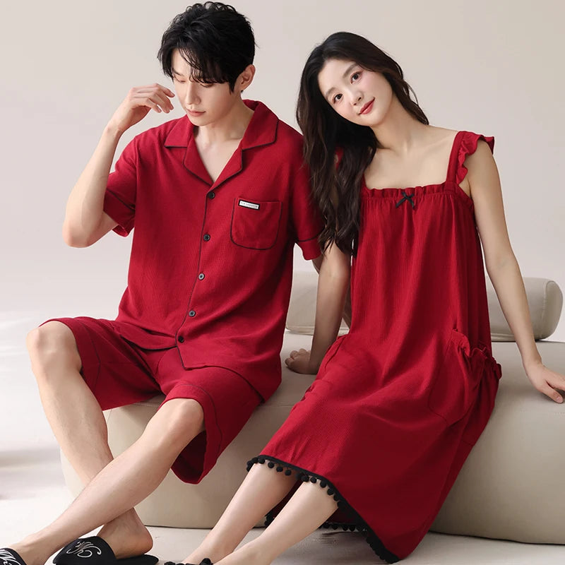 Pyjamas Lovers Festive Red Color Fashion Men Short Sleeve Shorts Cardigan Pajamas Sets Summer Sling Nightgowns For Young Female