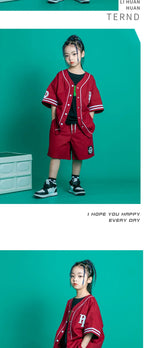 Kids Teenage Streetwear Hip Hop Clothing Red Shirt Tops Casual Cargo Jogger Pants For Girl Boy Jazz Dance Costume Rave Clothes