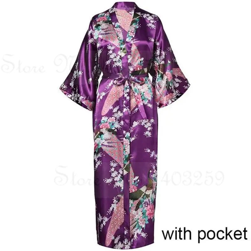 Women Long Robe Kimono Bathrobe Gown with Pockets Sexy Wedding Bride Bridesmaid Dressing Gown Oversize Satin Homewear Loungewear