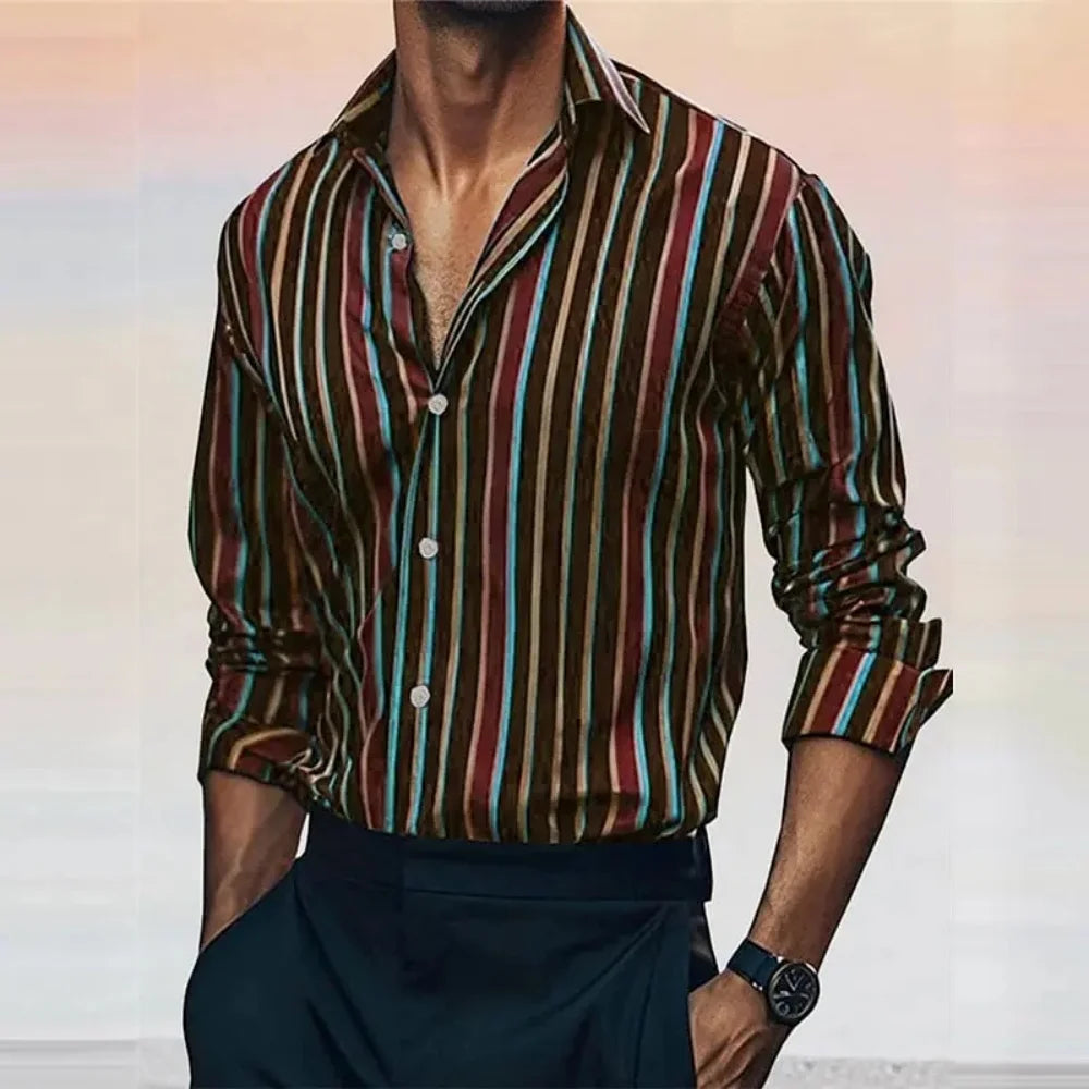 The new fashionable men's striped shirt is a casual and stylish outdoor long-sleeved shirt with a soft and comfortable lapel