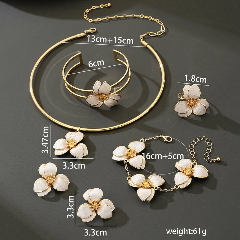 Elegant Jewelry Set for Women Wholesale Gold Color Ring Bangle Green White Enamel Flower Stud Earrings and Choker Necklace