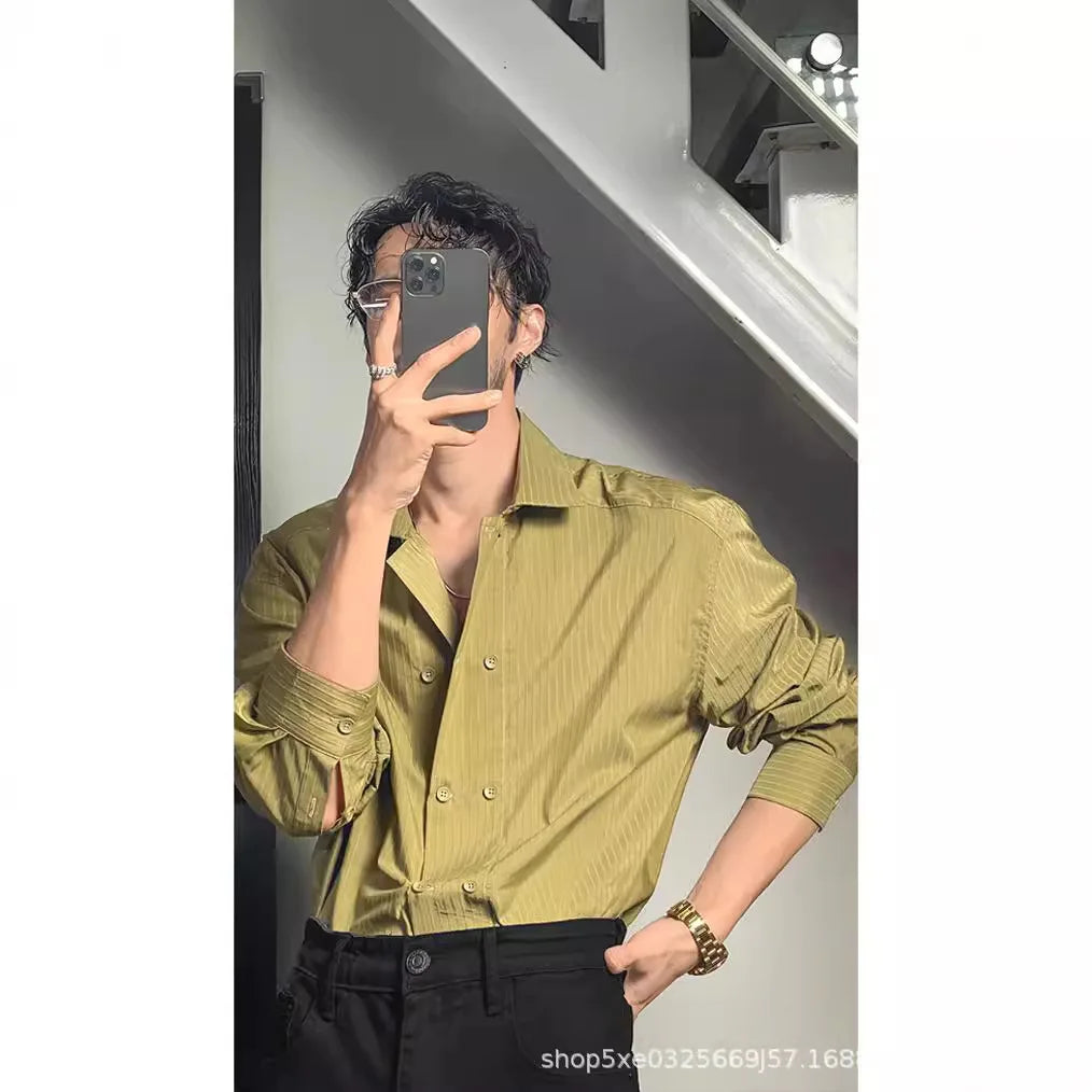 Italian Shirt Men's Trendy Slim Long Sleeve Light Luxury Style Suit Inner Shirt Hairstylist Stripes
