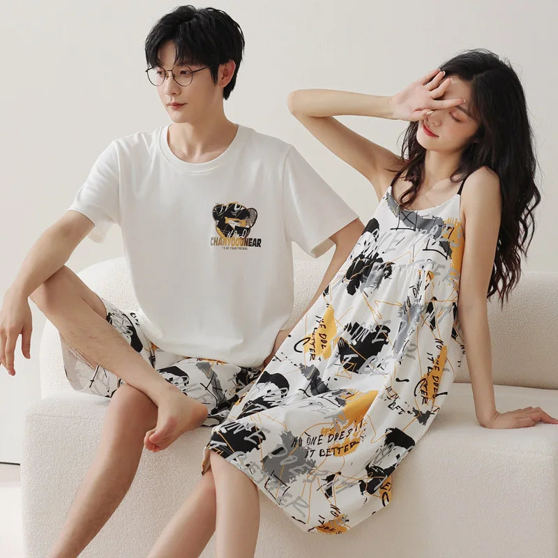 Summer Pyjamas Men Knited Cotton Pajamas Set Korean Sweet Pijamas Ladies Sexy Sleepwear Home Clothing For Youth Boy Girl