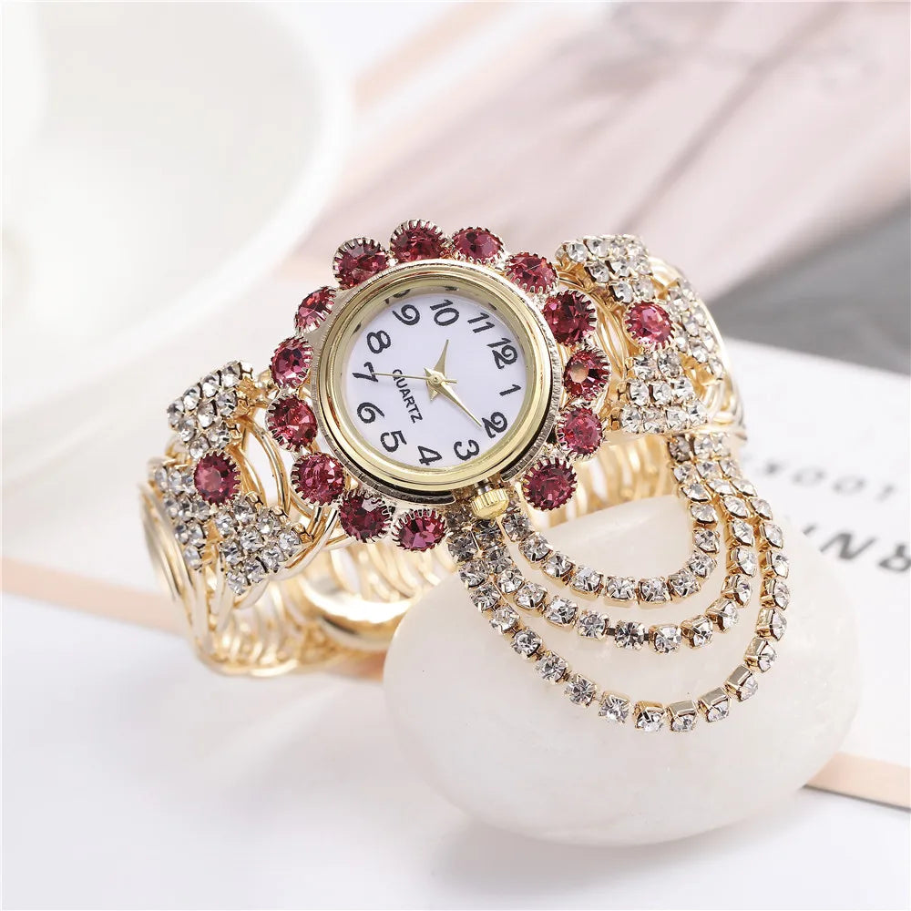 Trendy Leisure Women’s Watch Chic Gold Hollow Design Quartz Watch Stylish Red White Rhinestone Bangle Wristwatch