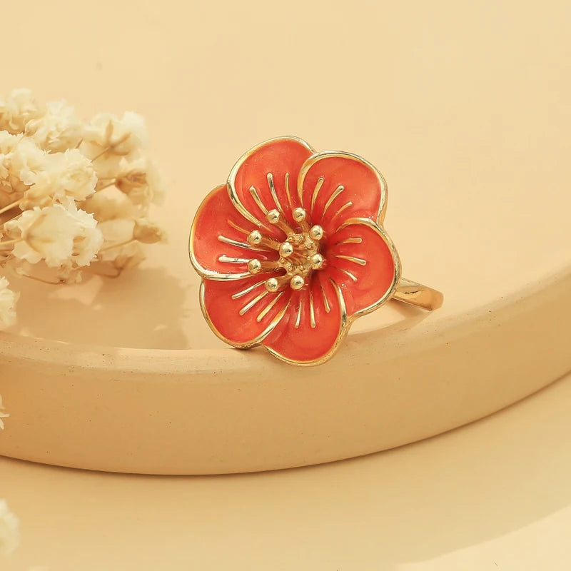 Vintage Drip Oil Flower Pendant Necklace Earrings Bracelet Ring Set for Women Elegant Floral Clavicle Chain Party Jewelry Set