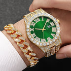 3PCS/Set Luxury Full Diamond Men Quartz Watches Fashion Hip Pop Mens Calendar Wristwatch Bracelet Necklace Set (Without Box)