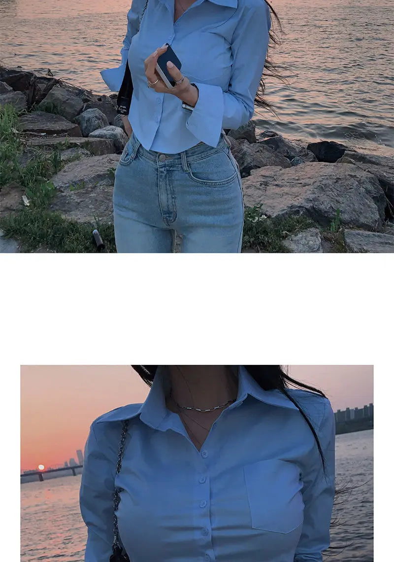 Blouse Woman New Collection 2025 Silk Korean Style Black Sexy Blue Satin Shirt for Women White Crop Top Long Sleeve Chiffon Hot