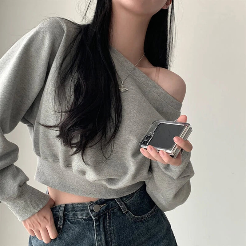 Korean Streetwear Off-shoulder Long Sleeve Loose Casual Cropped Sweatshirt For Women