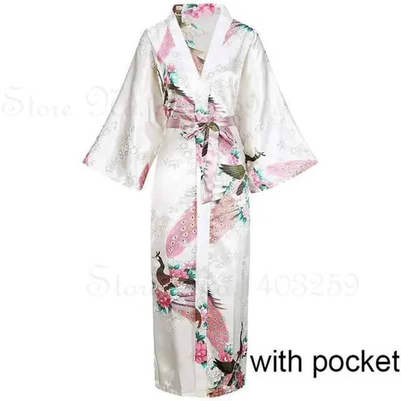 Women Long Robe Kimono Bathrobe Gown with Pockets Sexy Wedding Bride Bridesmaid Dressing Gown Oversize Satin Homewear Loungewear