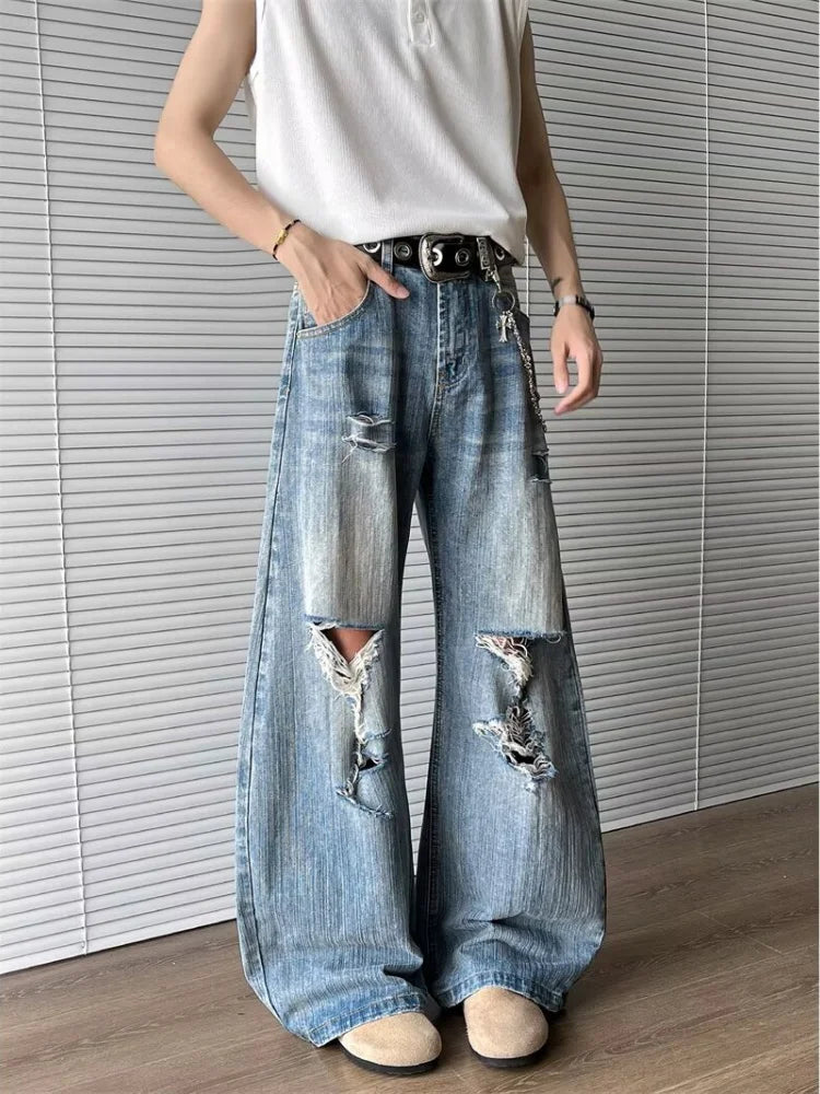 2025 Trashy Y2K Streetwear Washed Blue Baggy Ripped Jeans Pants For Men 90S Vintage Clothes Straight Distressed Denim Trousers