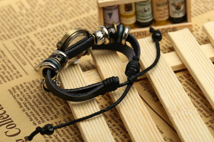 Handmade Butterfly Beads Bracelet Quartz Watch Clock Women Man Lovers Vintage Retro Bracelet Leather Strap Bracelets Dress Watch
