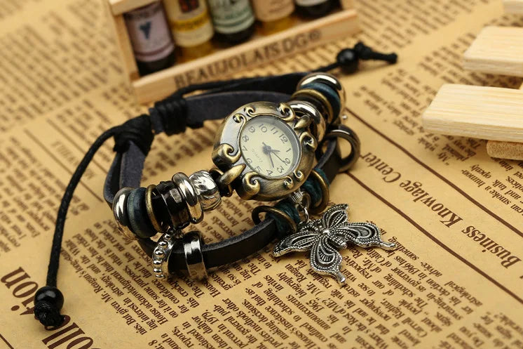 Handmade Butterfly Beads Bracelet Quartz Watch Clock Women Man Lovers Vintage Retro Bracelet Leather Strap Bracelets Dress Watch