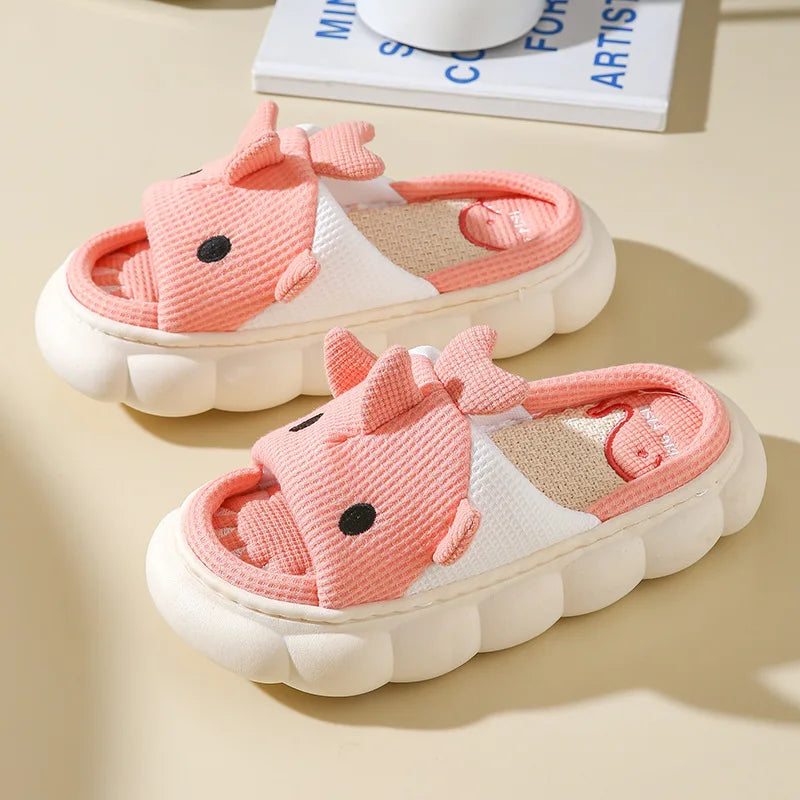 Four Seasons Women Shark Linen Slippers Men Cute Animal Sandals Adults Indoor Bedroom Cartoon Slides Couples Outdoor Flip Flops