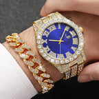 3PCS/Set Luxury Full Diamond Men Quartz Watches Fashion Hip Pop Mens Calendar Wristwatch Bracelet Necklace Set (Without Box)