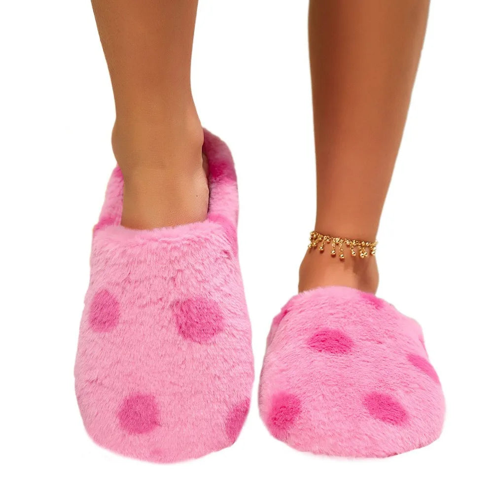Elegant Soft Sole Plush Slide Slippers Lightweight Anti-slip Dots Fur Slipper Slippers Women Casual House Flat Shoes Winter