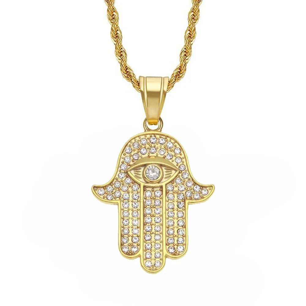 Hamsa Hand of Fatima Necklace Pendant & Chain For Men Women's Gold Color Stainless Steel Palm Necklaces Turkish Jewelry Gift