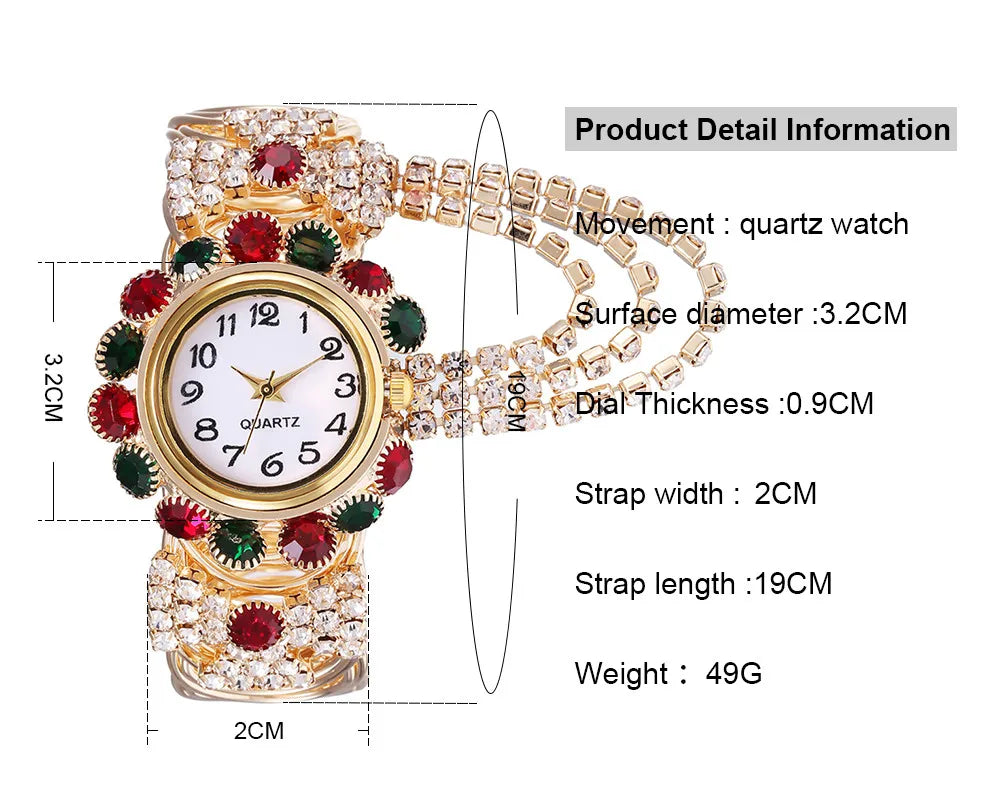 Trendy Leisure Women’s Watch Chic Gold Hollow Design Quartz Watch Stylish Red White Rhinestone Bangle Wristwatch